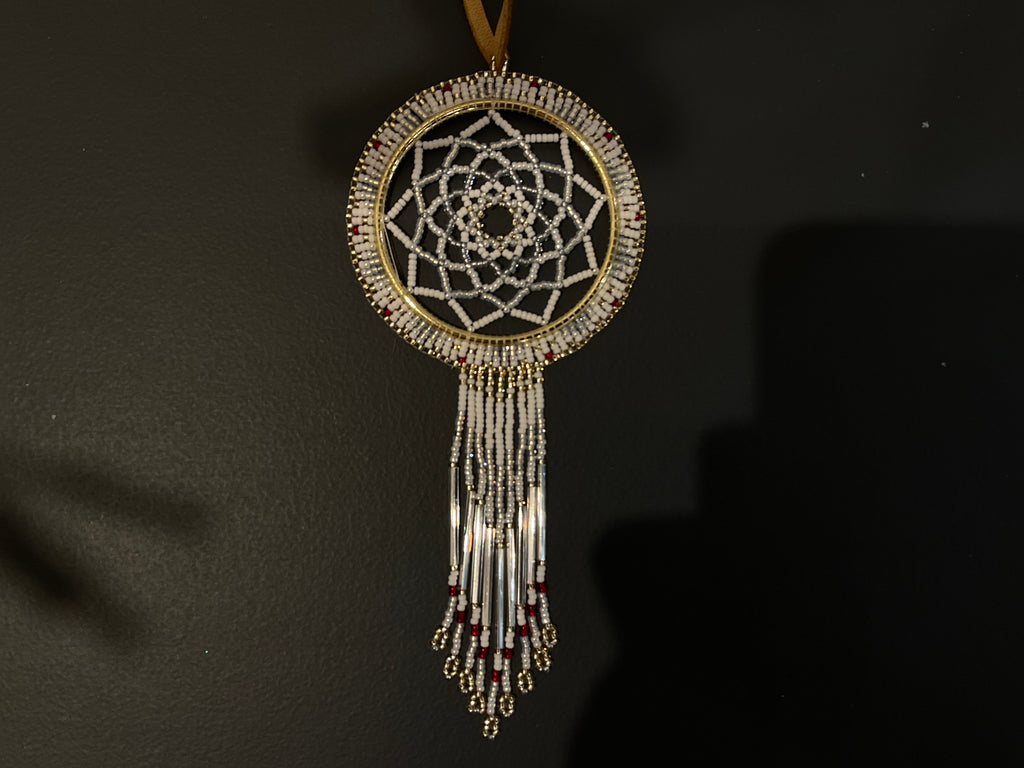 white, gold, red beaded Dream weaver