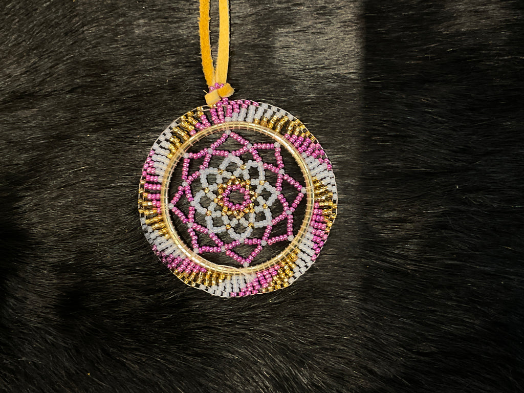 pink, white, and gold beaded dream catcher, no fringe