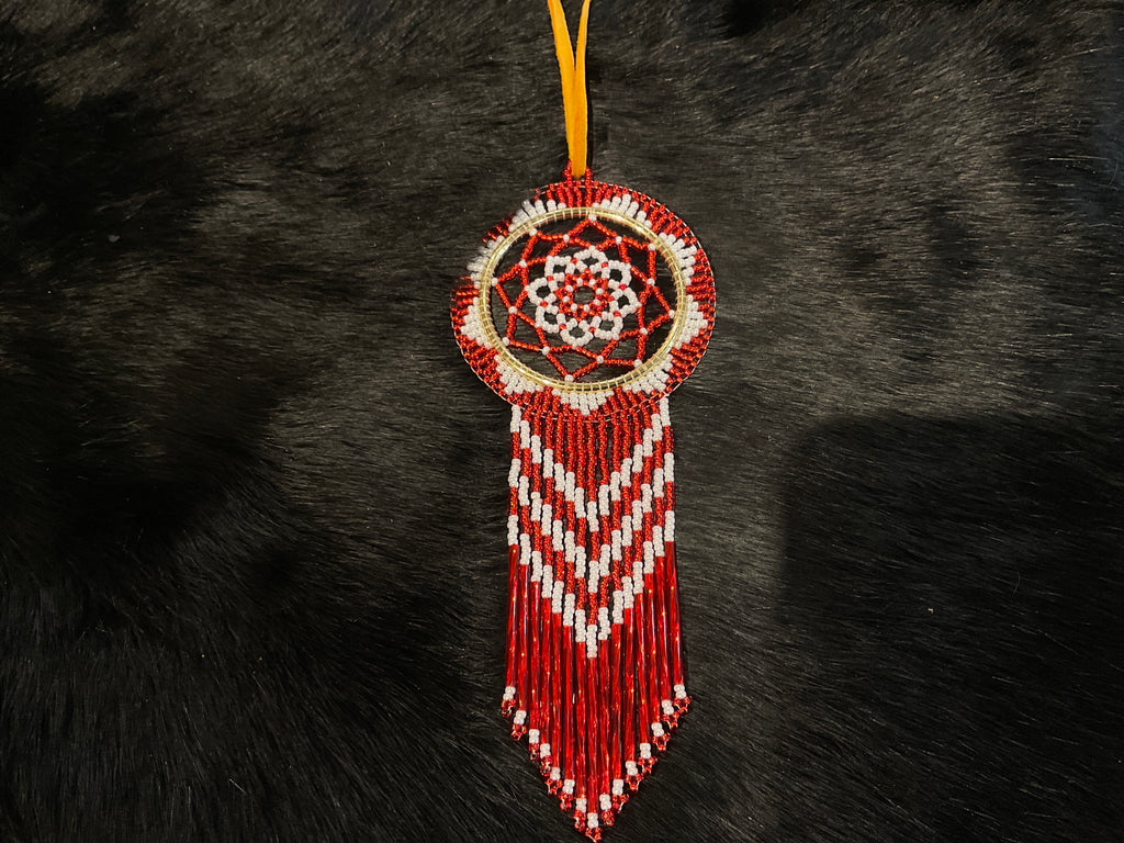 red and white beaded dream catcher